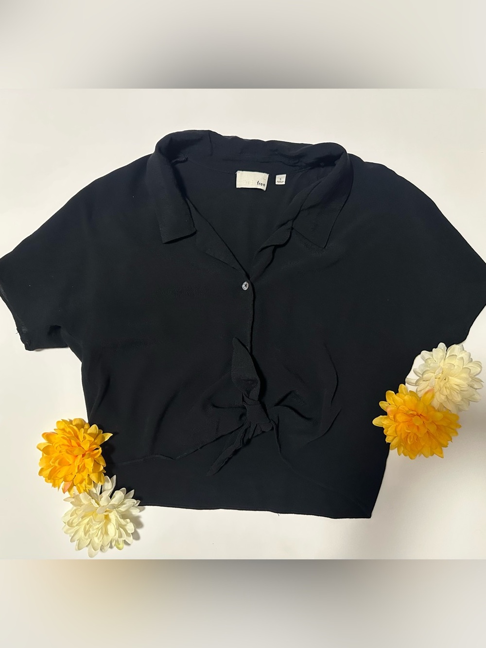Free People Black Button-Front Tie Hem Collared Top